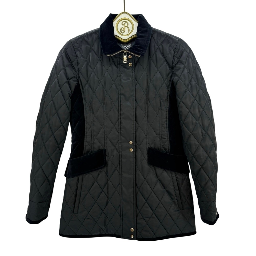 Vince Camuto Quilted Jacket Women XS Black Velvet Trim Equestrian Barn Coat